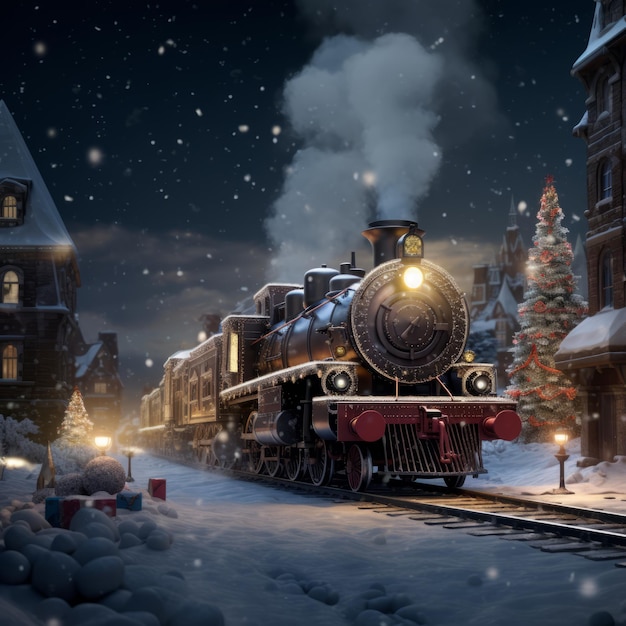 Premium AI Image  A Festive Journey The Polar Express Illuminated by Christmas Lights in the 