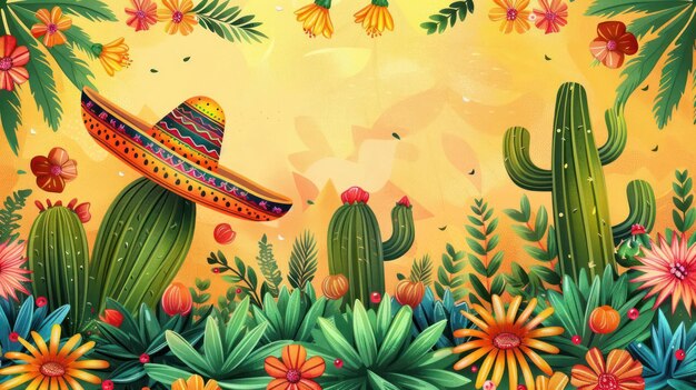 A festive journey through a vibrant cactus jungle with a piata friend featuring rainbow flowers