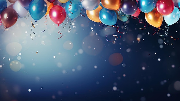 Festive Joy Holiday en feest achtergrond met kleurrijke vliegende ballonnen confetti glitter voor een evenement en viering poster