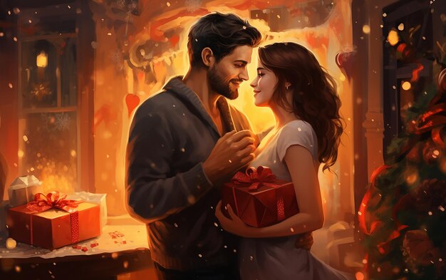 Photo festive joy romantic surprise as woman receives a christmas gift