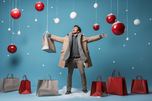 Festive Juggler Man with Christmas Ornaments Amid Snowy Bliss