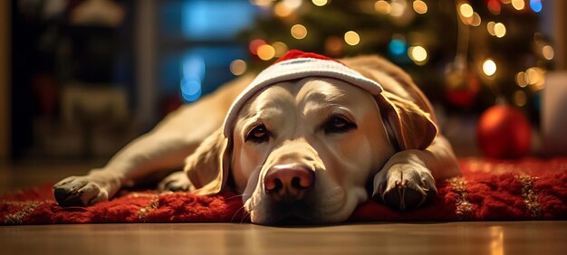 Festive Labrador by the Tree