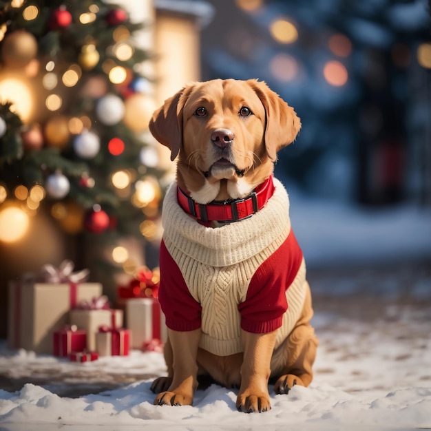 Festive Labrador Retriever Christmas Costume and Bokeh Background Lights