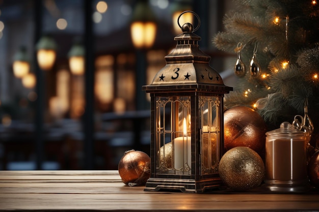 Фото Праздничная лампа с горящими свечами с праздничной елкой и украшениями новый год 2024 года