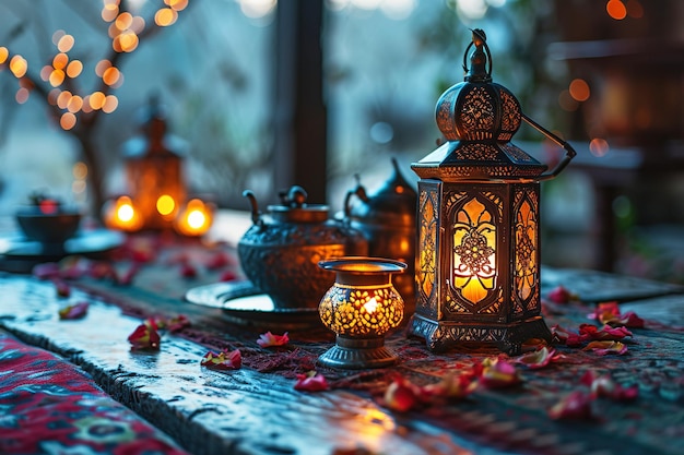 Festive lanterns with burning candles for Ramadan Islamic Muslim religious event Dark background