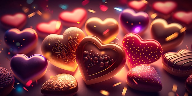 Festive lights background hearts scene with chocolates love Generative AI