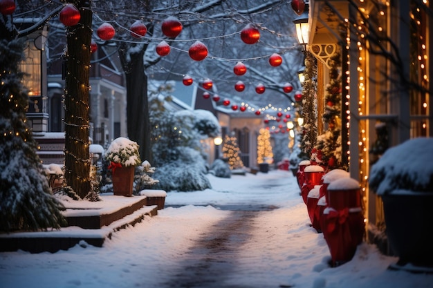 Festive lights and decorations on a snowy street