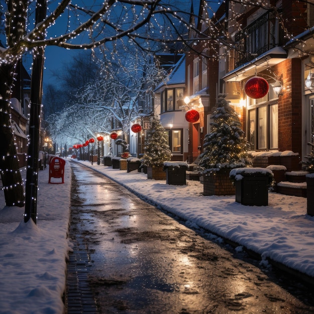 Festive lights and decorations on a snowy street