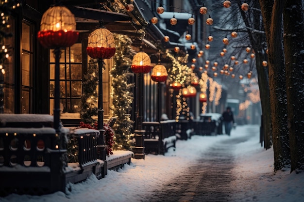 Festive lights and decorations on a snowy street