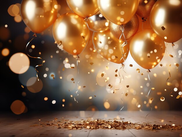 Foto sfondo di lusso festivo con palloncini gonfiabili dorati confetti sfocato generative ai