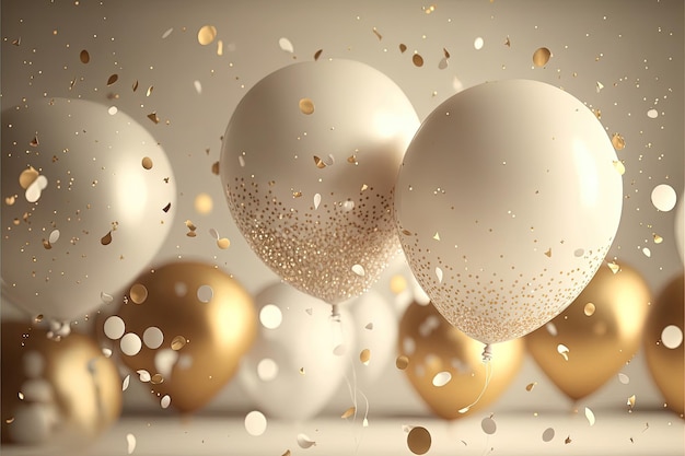 Photo festive luxury background with golden inflatable balloons confetti blurred background with bokeh effect ai generated