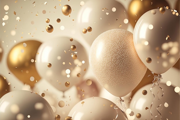 Photo festive luxury background with golden inflatable balloons confetti blurred background with bokeh effect ai generated