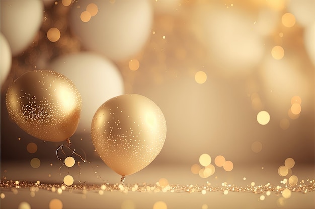 Festive luxury background with golden inflatable balloons confetti blurred background with bokeh effect Ai generated