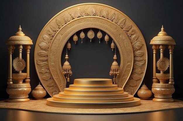 Festive Luxury golden Podium Showcase stage design for Product display Indian traditional festival background