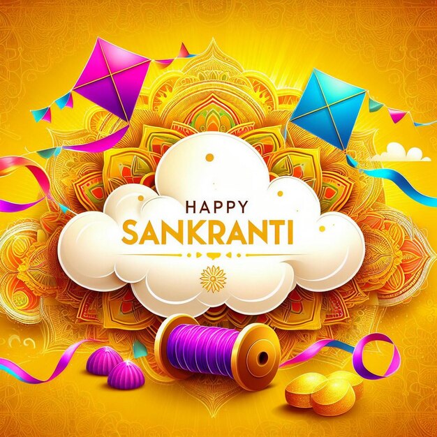 A festive Makar Sankranti greeting card with colorful kites