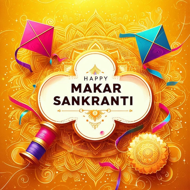 A festive Makar Sankranti greeting card with colorful kites