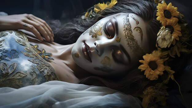 Festive makeup of a Mexican woman Day of the Dead Halloween Concept of Katrina Dia de los muertos