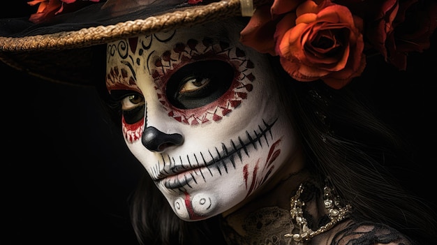 Festive makeup of a Mexican woman Day of the Dead Halloween Concept of Katrina Dia de los muertos