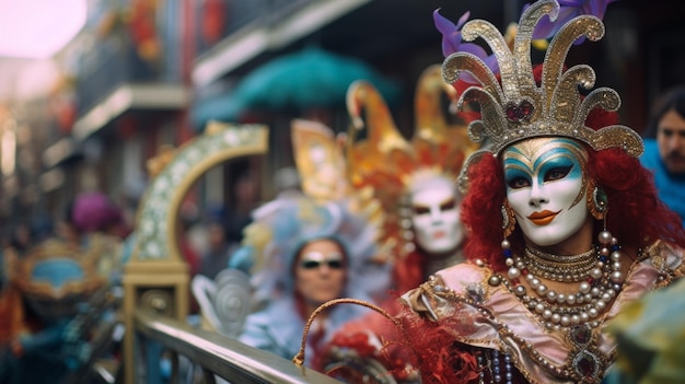 A festive Mardi Gras parade with colorful floats and masks full depth of field in focus Kodak