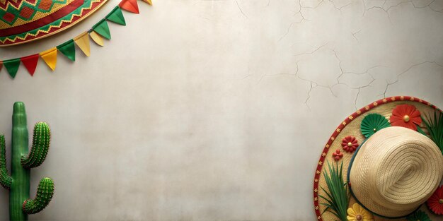 Photo festive mexican background with traditional sombreros flags poncho chili pepper yellow backdrop for