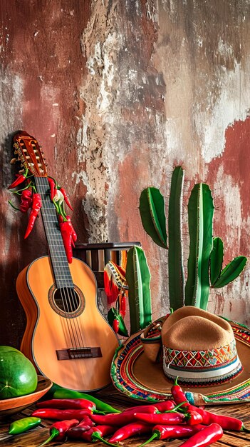 Photo a festive mexican tableau with a mariachi guitar a sombrero a string of chili peppers and a cactus