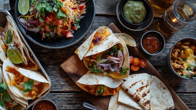 Festive Mexican Tacos with Salsa Cheese and Rice on a Vibrant Tablecloth