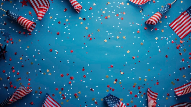 A festive mood is created with a blue backdrop with stars and stripes a big frame of flags in the upper left corner a thin red border and lots of little confetti all around