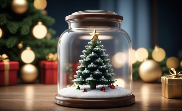 Foto umore festivo con un albero di natale in miniatura e neve in un barattolo di vetro su un tavolo di legno