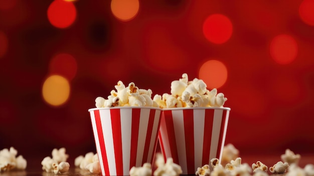 Festive Movie Night Popcorn in gestreepte dozen op een rode achtergrond met voldoende lege ruimte