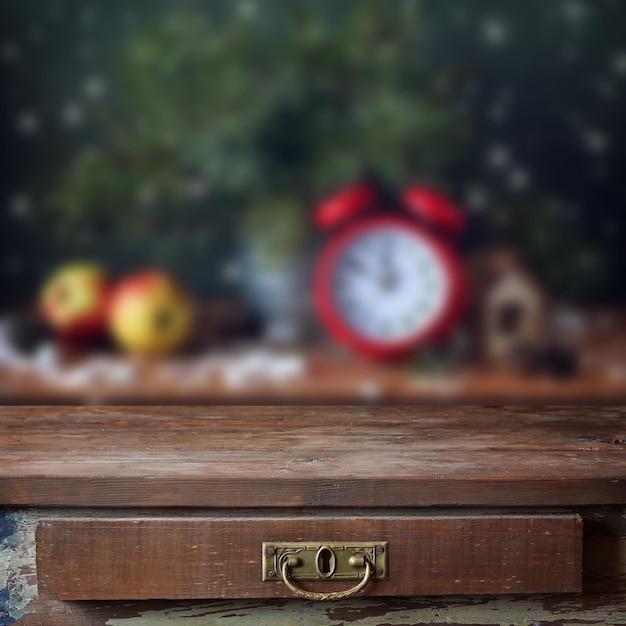 Festive New Year background space for your object or text An empty wooden table a tabletop