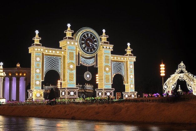 Festive New Year decorations in the VDNH park in Moscow