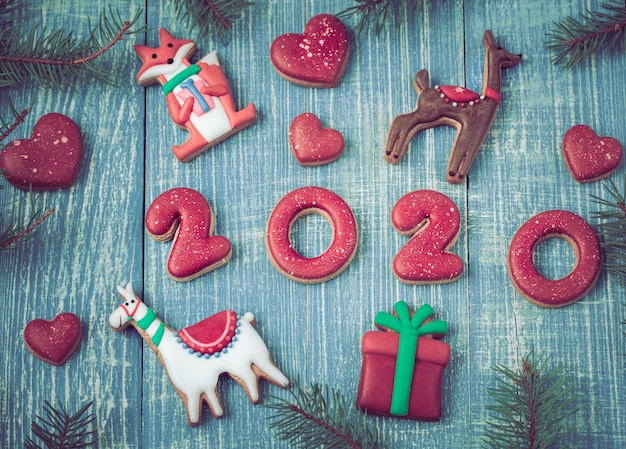 Festive new year gingerbread on a wooden .