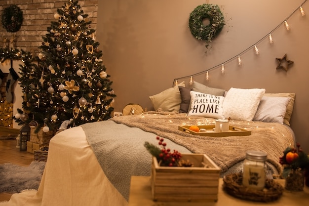 Festive New Year's interior with a bedroom