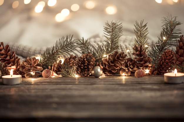 Festive New year with cones and lights.