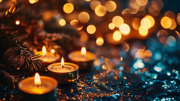 Festive New Years celebration with golden candles on sparkling background perfect for holiday greetings
