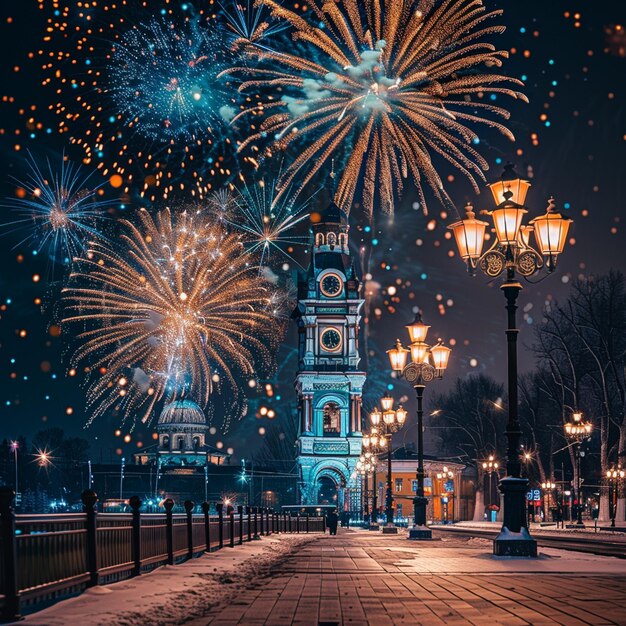 Festive New Years Eve Celebration with Clock Tower and Fireworks in Night Sky