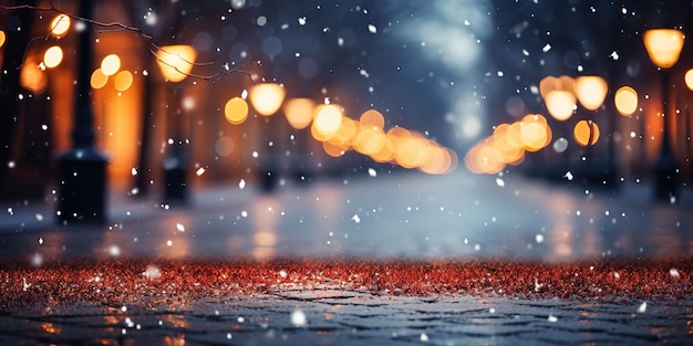 Festive Night Snowfall in Blurred City Abstract Christmas Blur Background