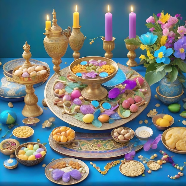 A festive Nowruz table spread representing the seven symbolic items of the holiday AI Generate