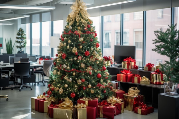 A festive office celebration marking December business milestones with a beautifully decorated