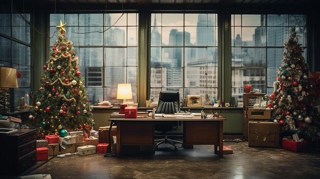축제 사무실 크리스마스 장식 휴일 정신과 계절의 환호와 함께 아한 작업 공간