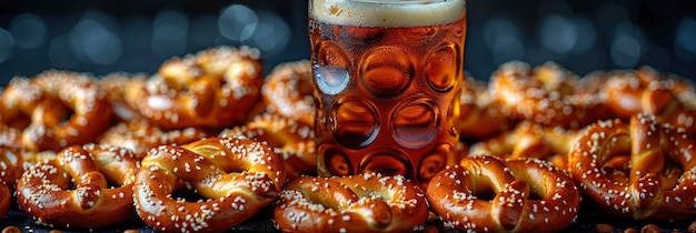 Foto disegno festivo dell'oktoberfest con pretzel di birra e lederhosen