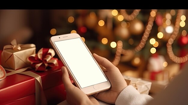 Festive online shopping as hands in a white sweater place a Christmas order via smartphone