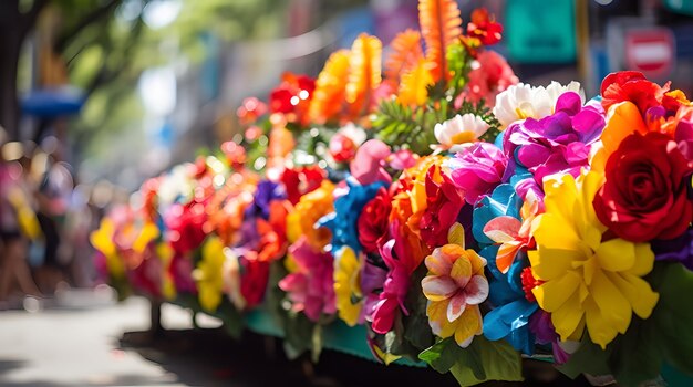 色とりどりの花で飾られたお祝いのパレード車