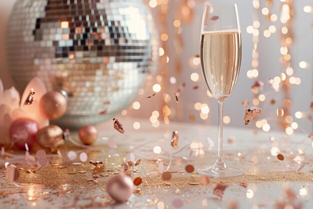Photo festive party composition with glasses of champagne confetti gold decorations and disco ball generative ai