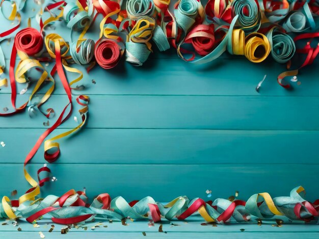 Foto festive party or carnival border of coiled streamers and confetti on a light blue green wood backgr