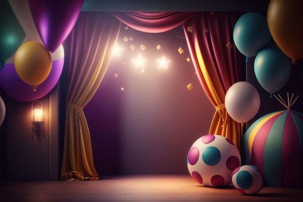 Festive party with balloons stage and garlands Illustration AI Generative