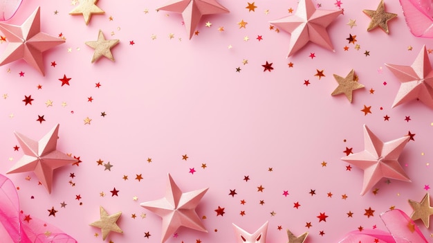 Фото Праздничный розовый фон с декоративными звездами и конфетами