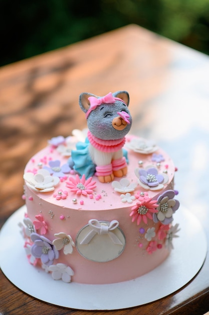 Festive pink cake with a cat on top