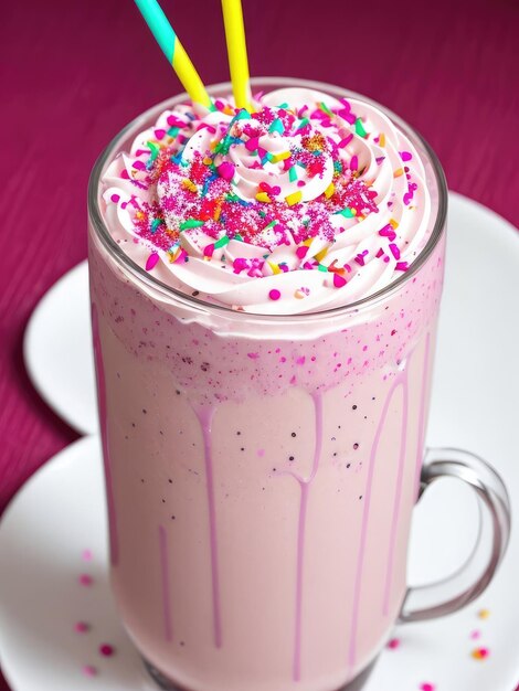 Festive pink milkshake with straw and topping