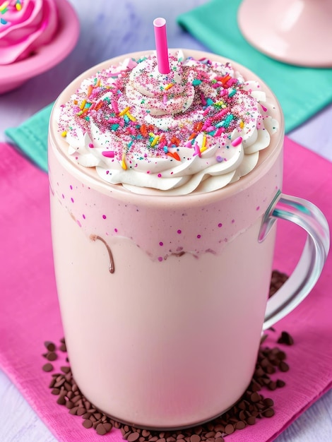 Foto milkshake rosa festivo con paglia e topping